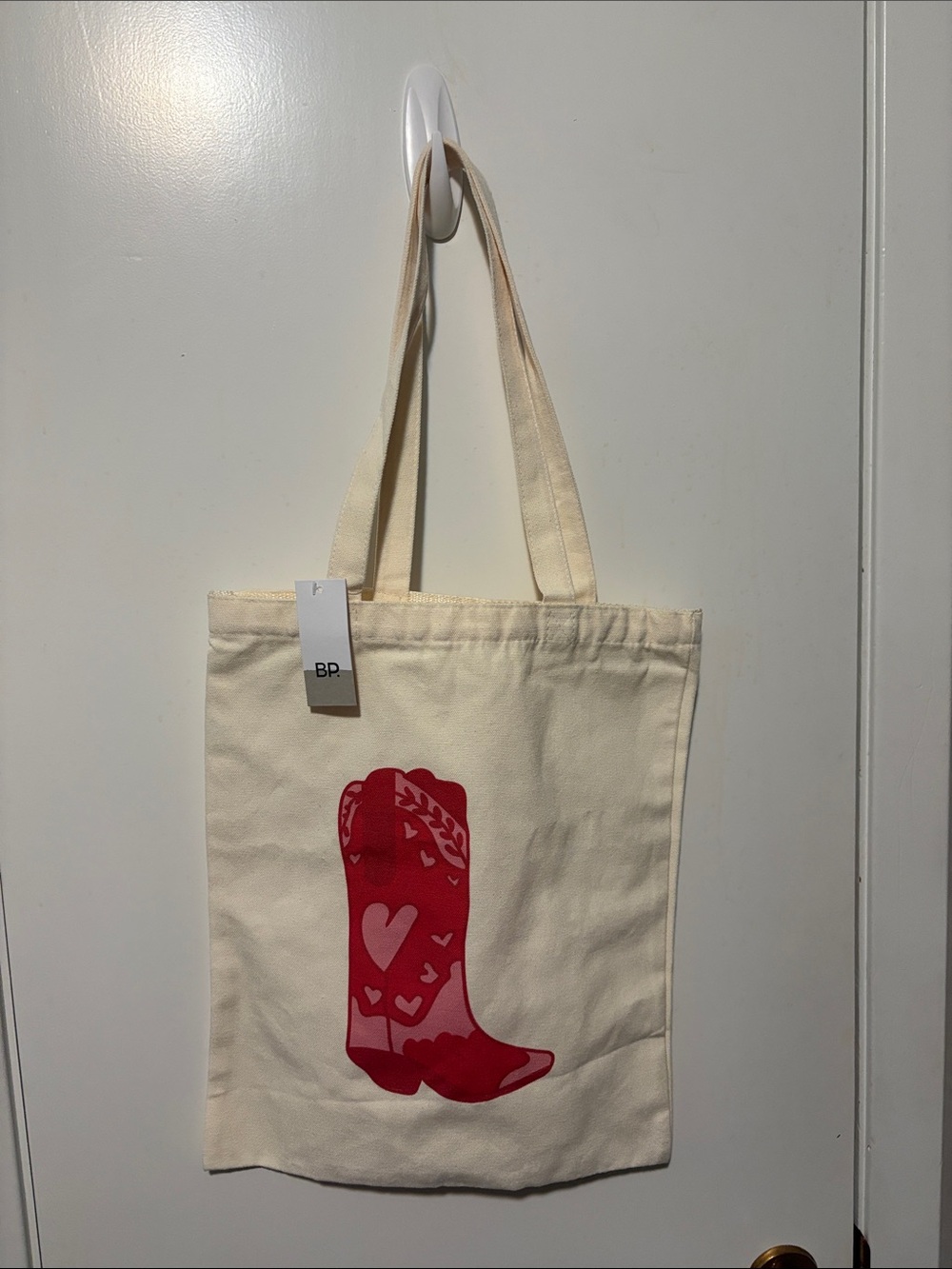 bp Cream Canvas Tote with Red-Pink Cowboy Boot Graphic